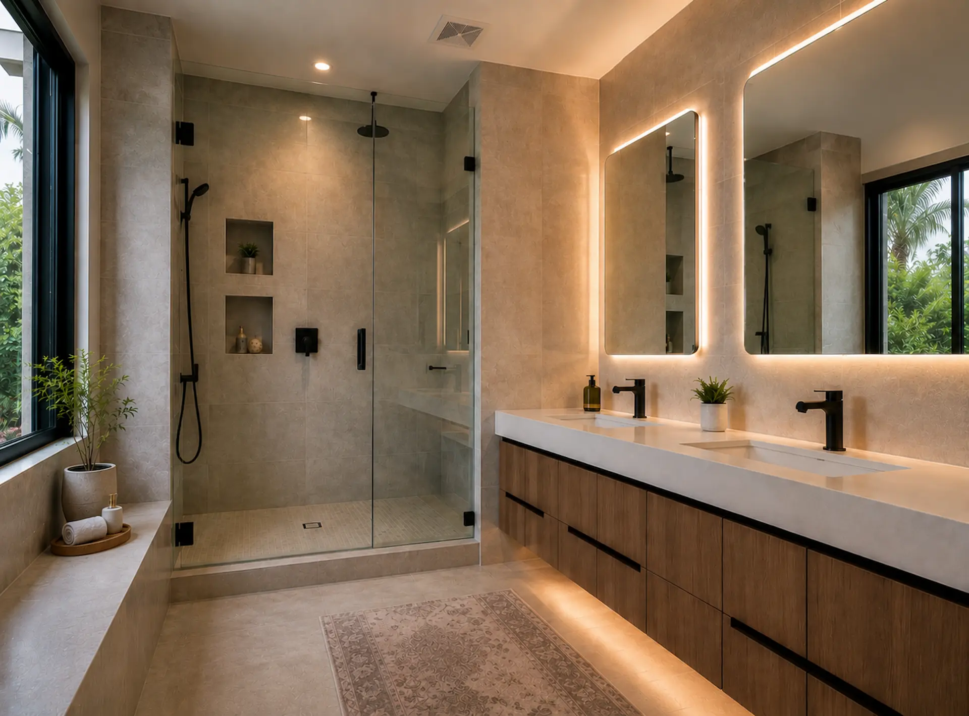 Modern bathroom with frameless glass shower, floating wood vanity, and illuminated mirror