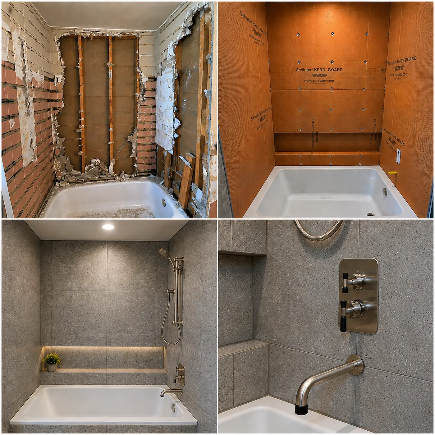 Alcove bathtub surface updates with large-format tile and brushed nickel fixtures, Bradenton FL
