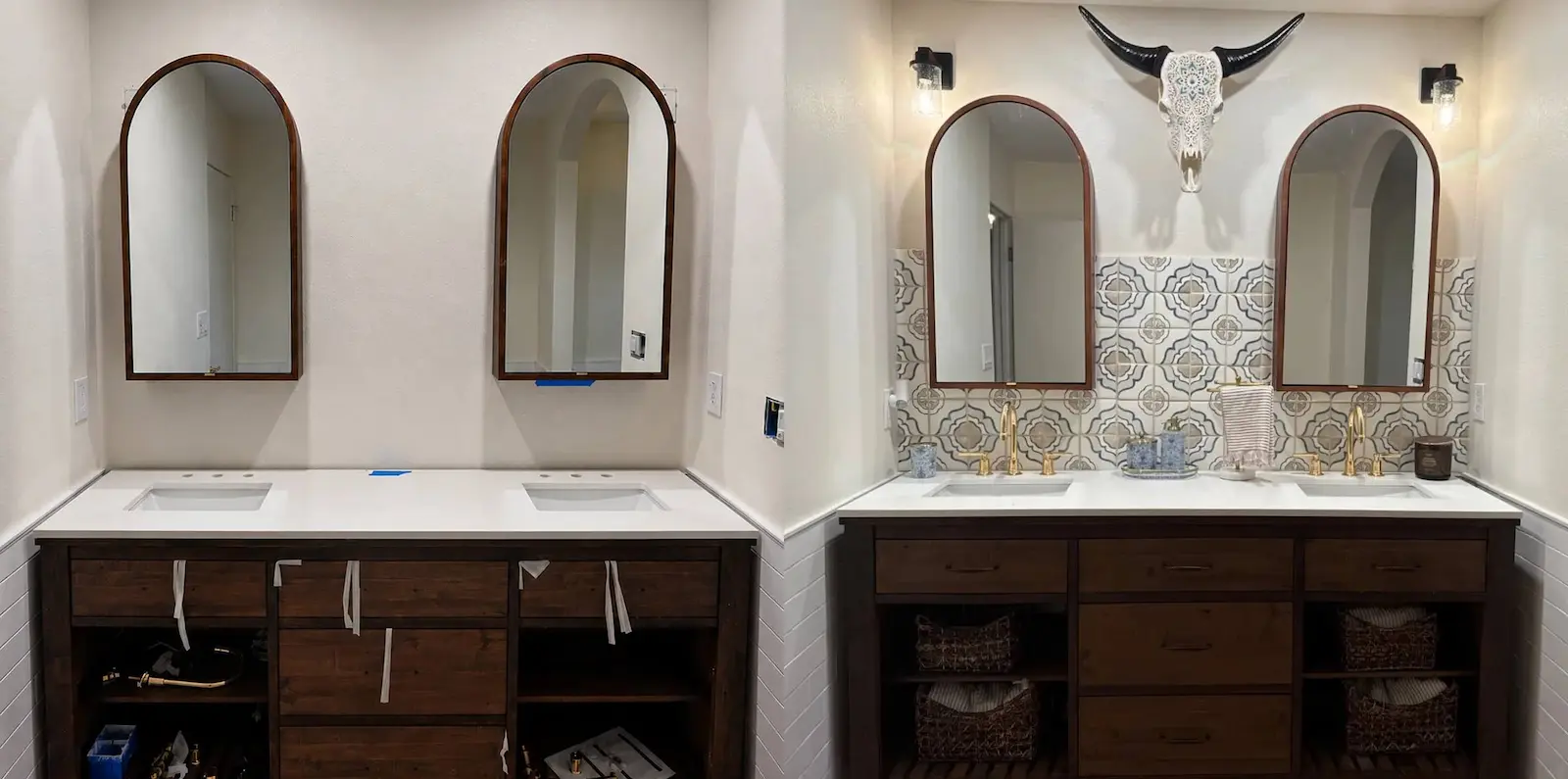 Decorative tile backsplash with dual vanity installation, Lakewood Ranch FL