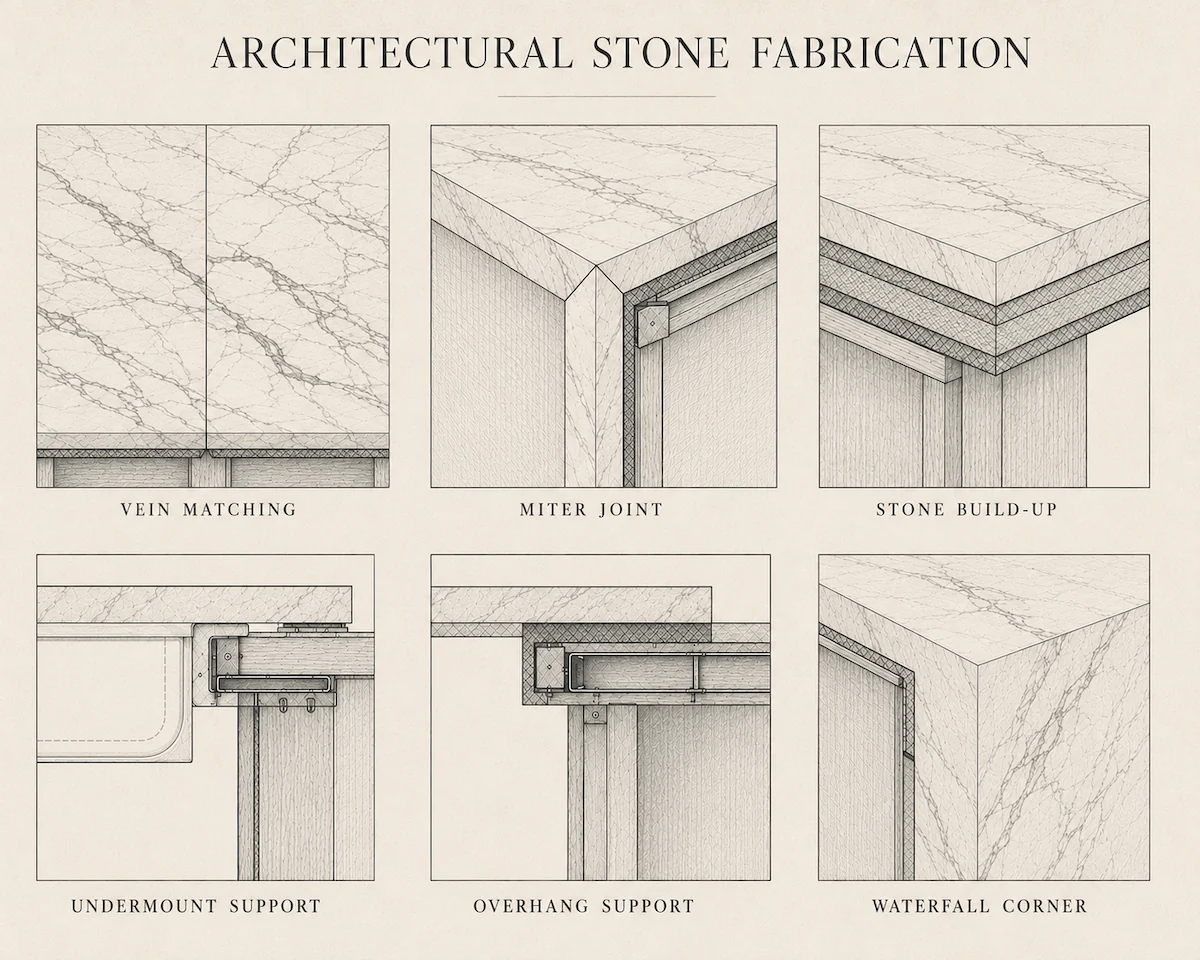 Technical illustration showing countertop edge profiles, miter joints and stone fabrication details.