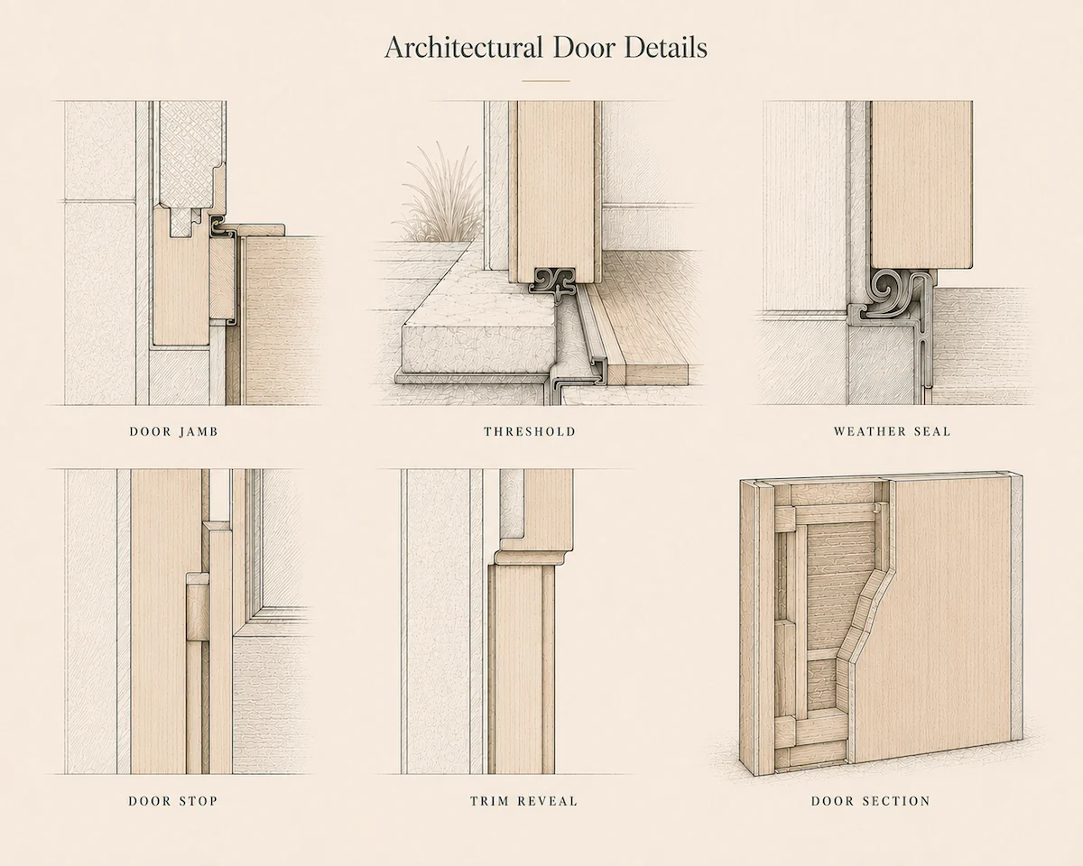 Architectural illustration showing door jamb, threshold, weather seal, door stop, trim reveal, and door section details.