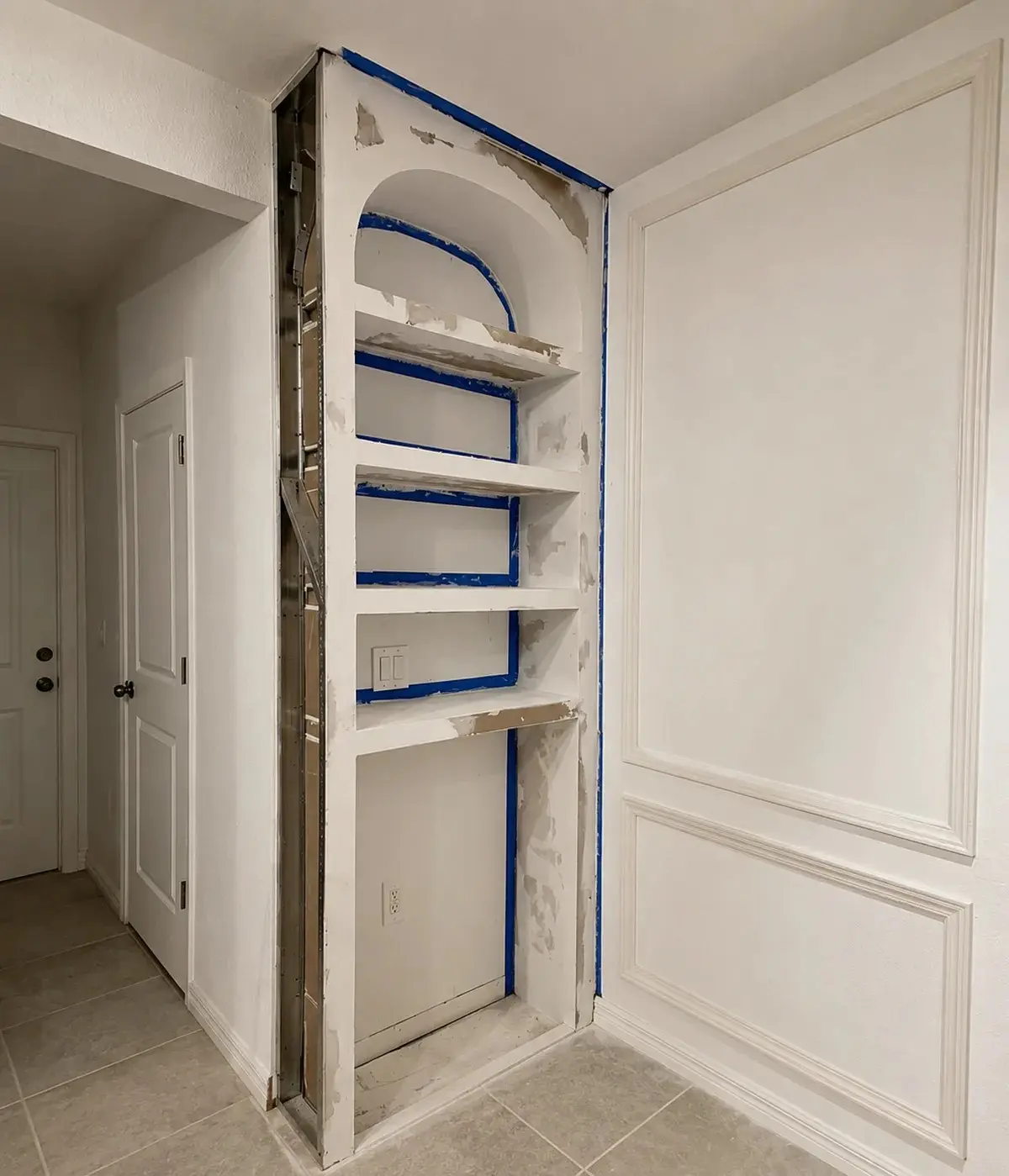 Custom wine wall framing and drywall installation in progress