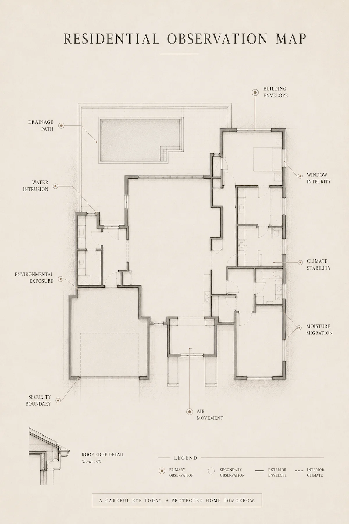 Residential inspection map illustrating key areas monitored during scheduled home watch visits.