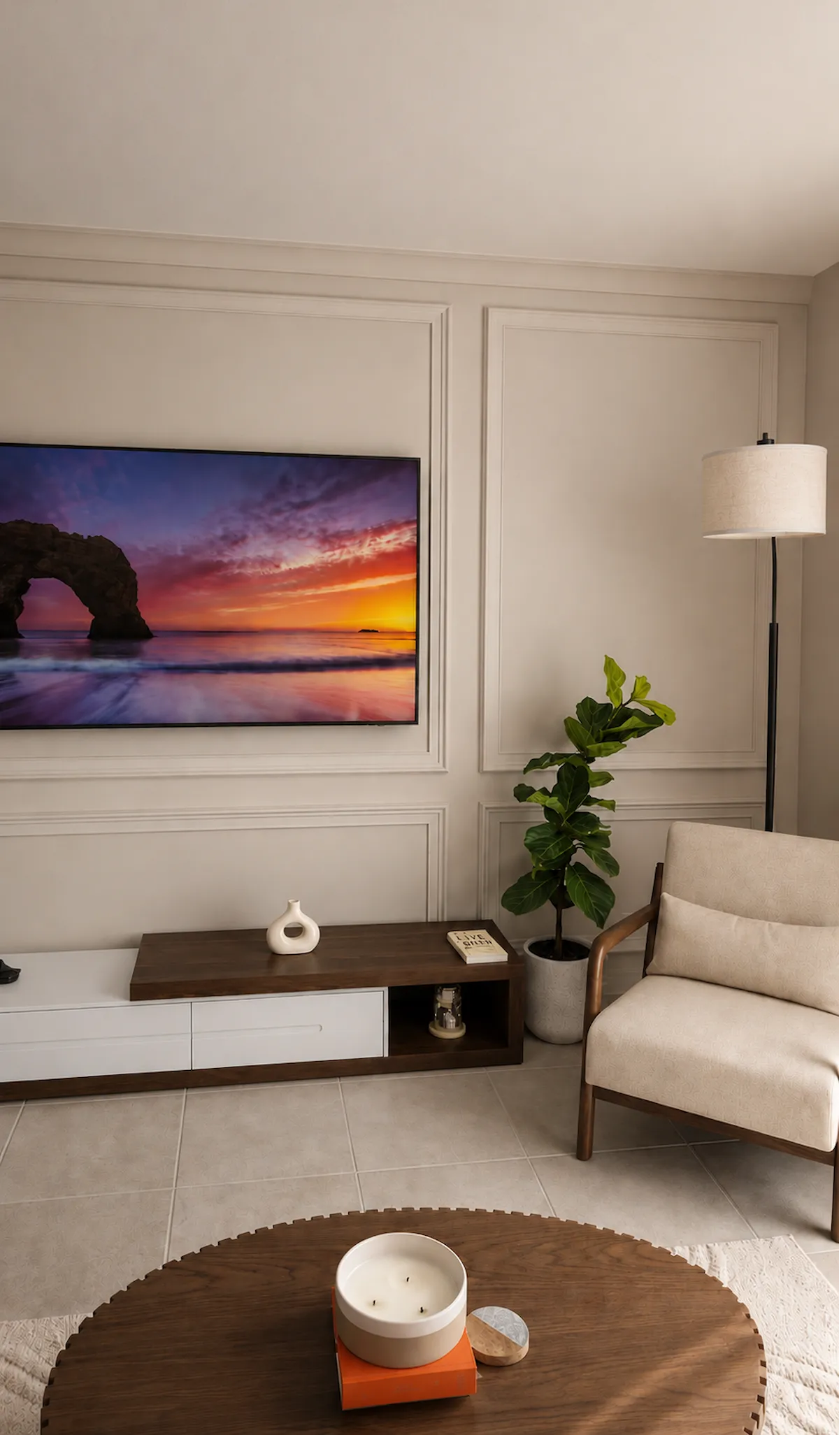 Completed trim and wall detailing in an updated living room