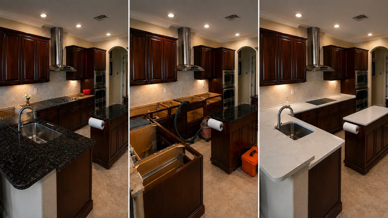 Before, during, and after sequence of a kitchen interior update, transforming dark wood cabinetry into white shaker cabinets with a quartz-topped island